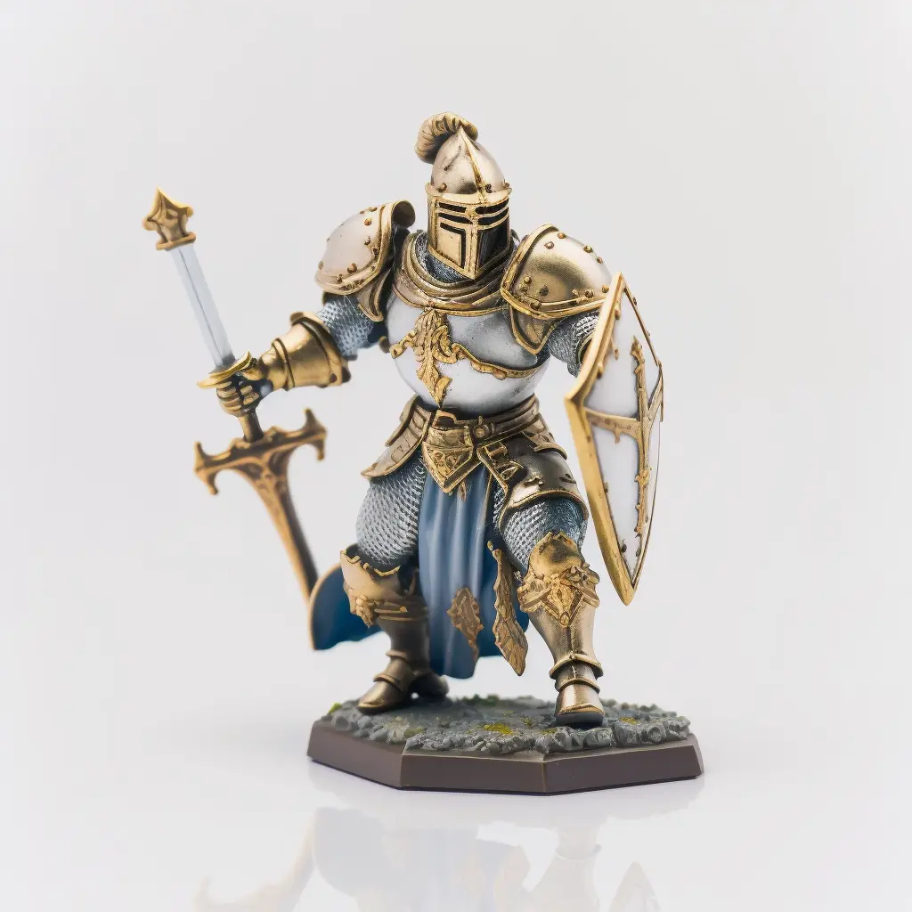 epic miniature of Holy Paladin knight, hand painted, toy, white background, studio lighting, product photography